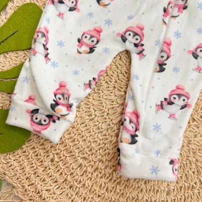  Macacão em Plush Pinguim Baby com Gorrinho Rosa - Off White